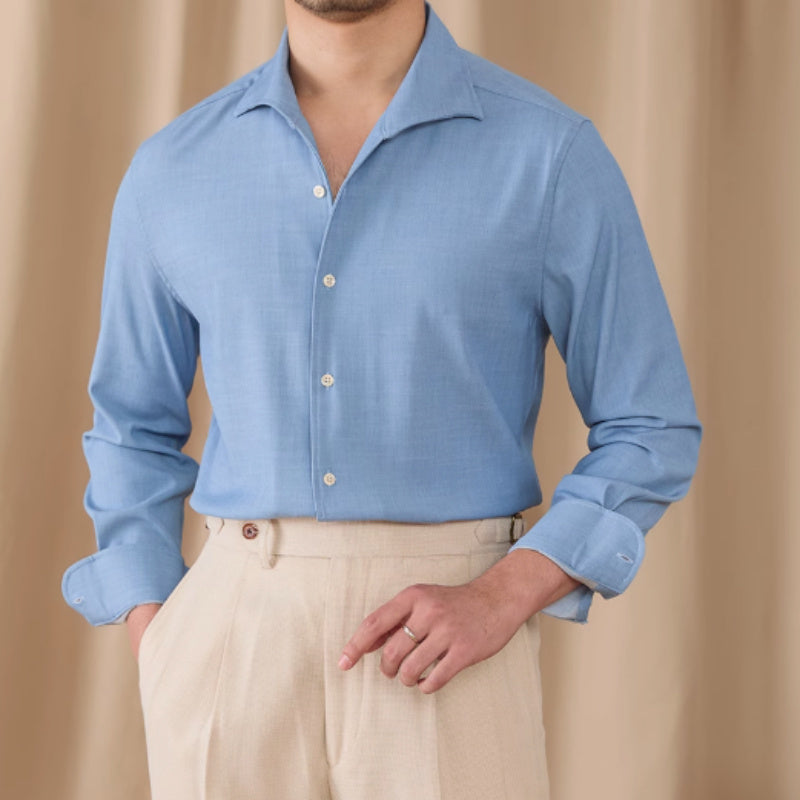 Drape Denim One Piece Collar Long Sleeve Shirt