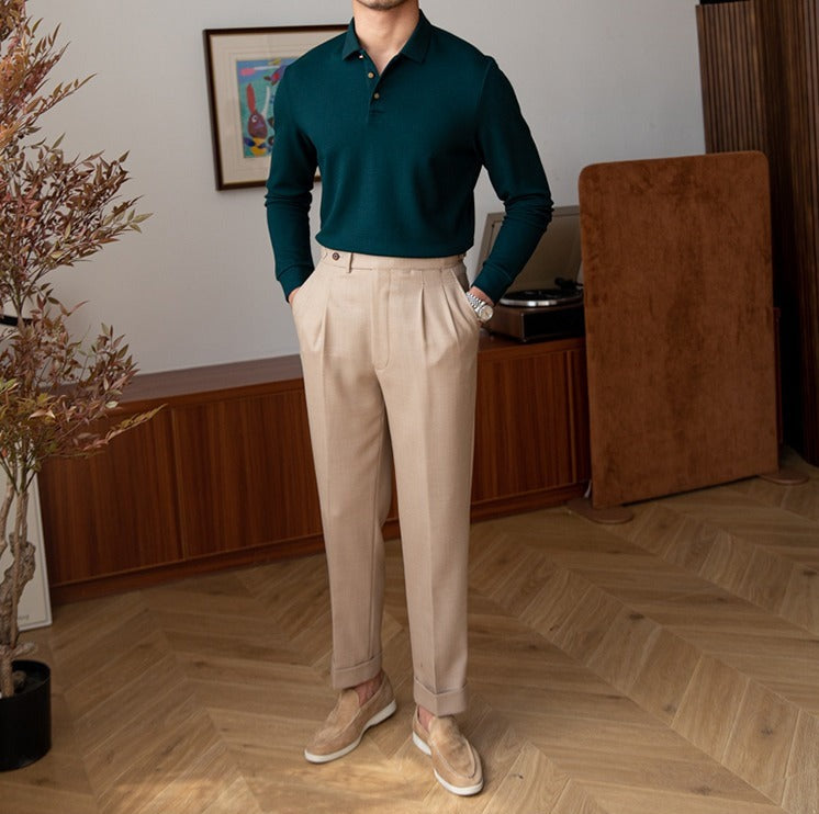 Textured Knit Cotton Blend Long Sleeve Polo